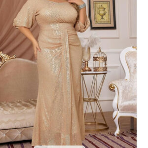 Prom Gold Sequin Flowing 1920's Style Evening Gown Dress Bridesmaid 16